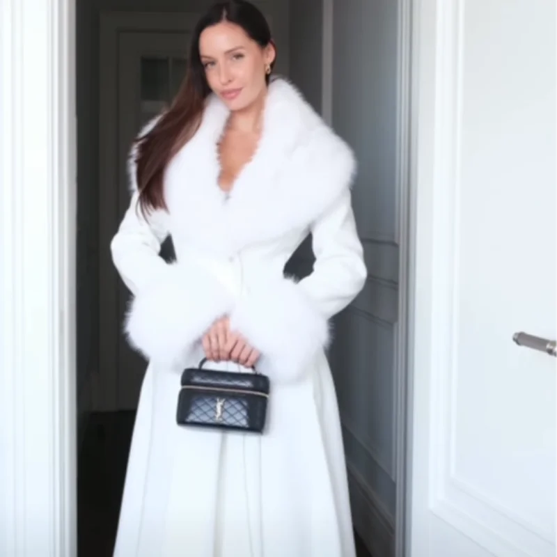 Luxury Women Faux Fur Trim Long Wool Coat Big Fur Collar Cuffs Slim Waist A-line Flared Maxi Dress Coat Daily Dating Outerwear