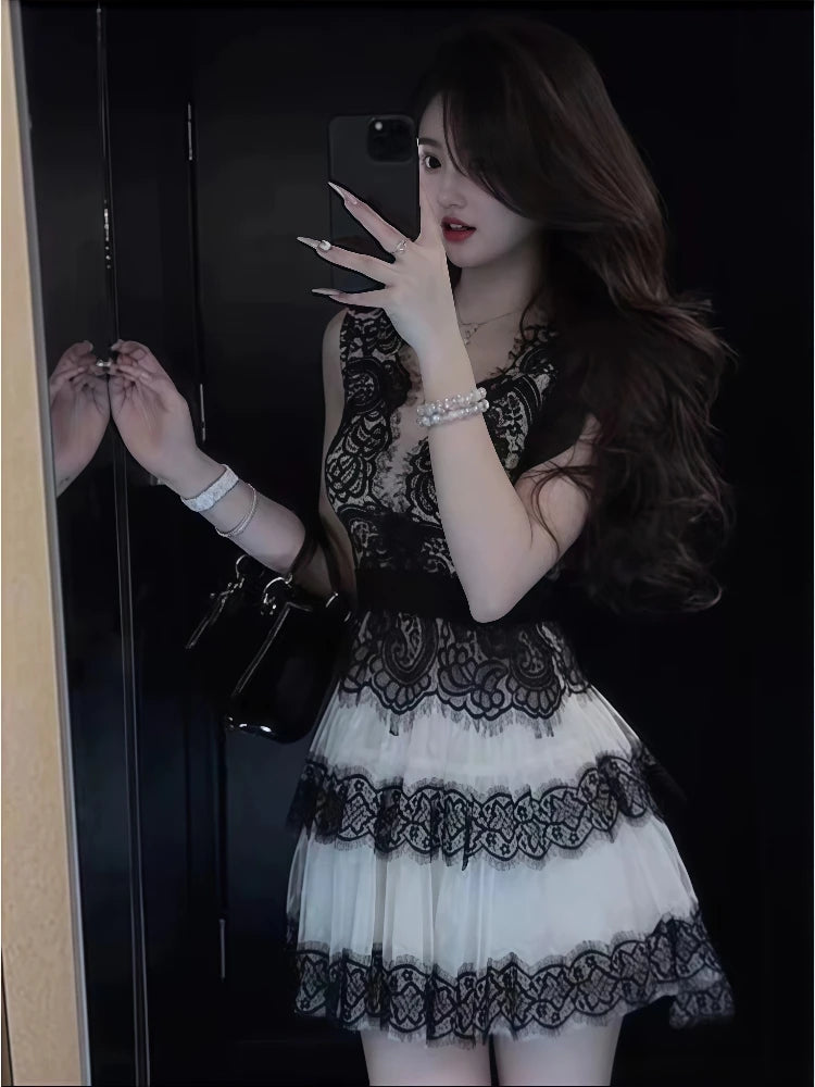 2025 Summer Elegant Embroidered Lace Contrasting Mini Dress Women Sexy Backless V Neck Hollow Out Sleeveless Slim Party Dress