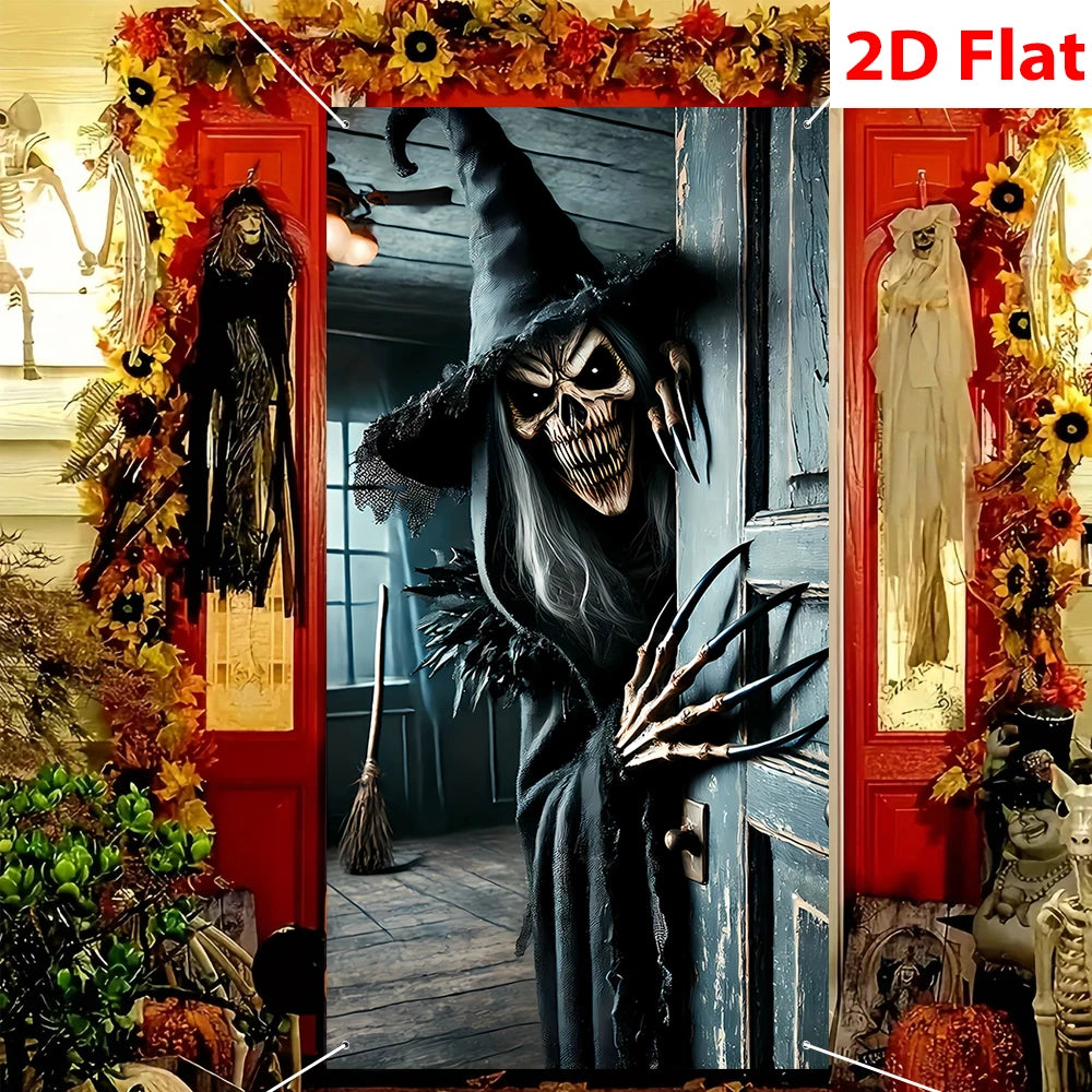 Halloween Scary Skeleton Witch Door Haunted House Front Porch Garage Decor Horror Party Photo Backdrop Spooky Decoration