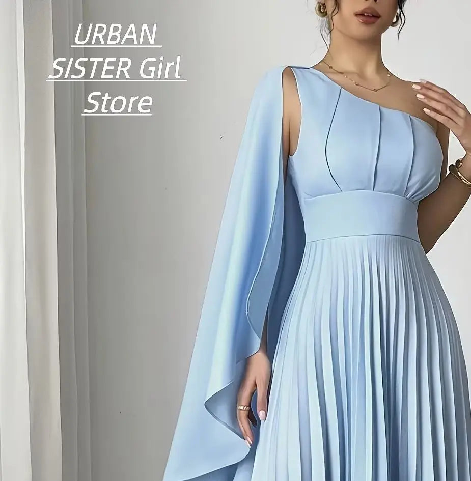 Long Gown Dress, Light Blue One-Shoulder Cape, High-Waisted Full-Length Pleated Floor-Length Style, Light Luxury Minimalist Elegant Style, Suitable for Weddings, Bridesmaids, Guests, Graduation, Prom, Cocktail Parties, Matte
