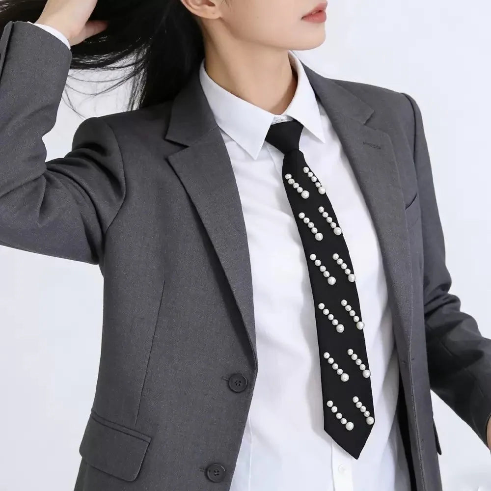 Temperament Rhinestone Pearls Tie Korean Style Black Hand-beaded Long Necktie Academic Style Collares Decoration Shirt Tie Daily