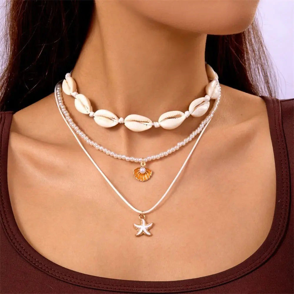 Fashion Bohemian Style Shell Necklace Double Layer Starfish Clavicle Chain Sweater Chain Gifts