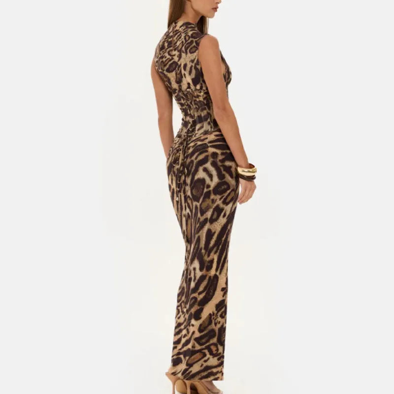 Leopard Print Dress Women's Temperament Waist Slim Fishbone Fixed Drawstring Dress Spring Summer Sleeveless Commuting Long Skirt