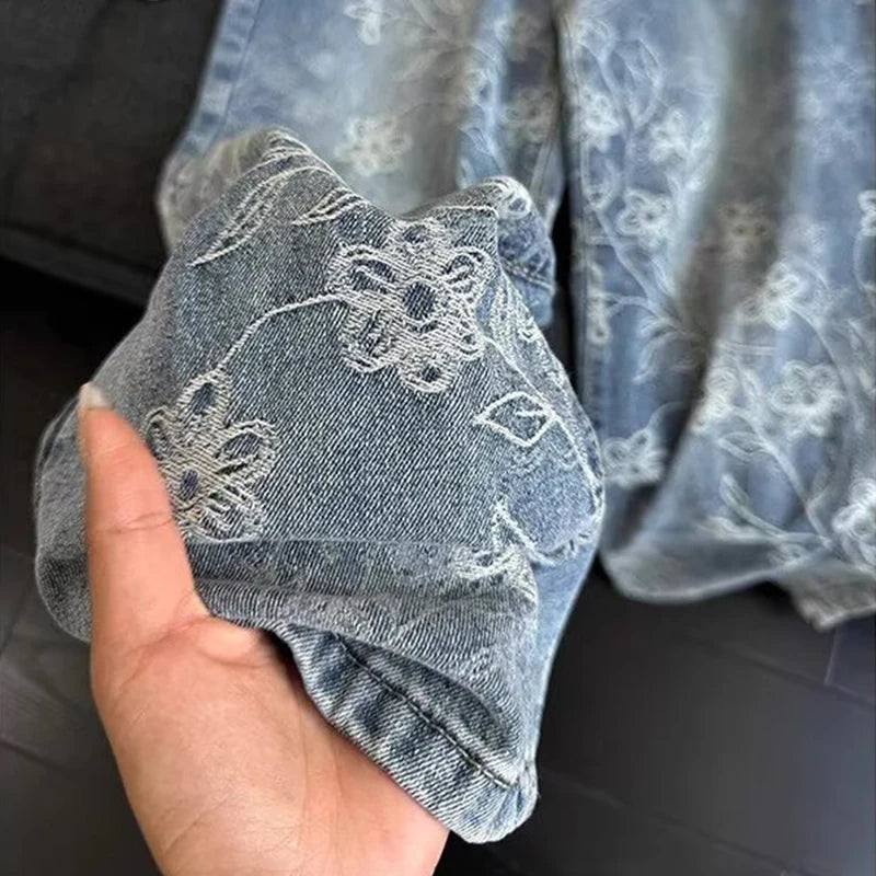 High Street Floral Jacquard Embroidered Baggy Jeans For Man Y2K Vintage Straight Denim Pants Hip Hop Fashion Curved Jean