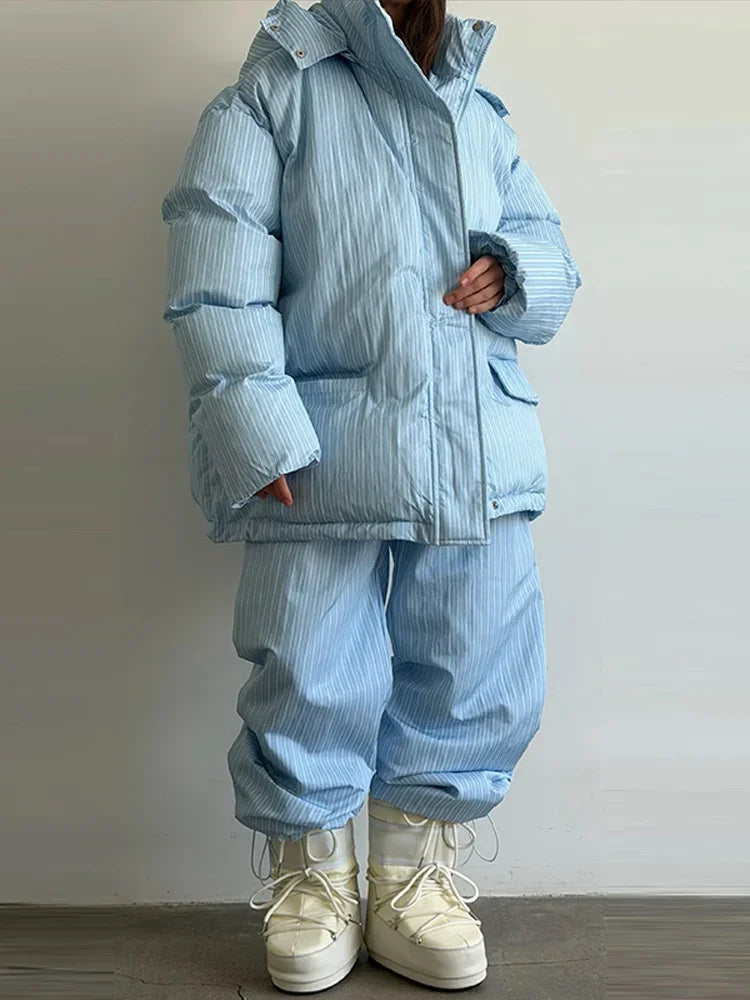 Casual Women's Stripe Set With Hat Full Sleeve Cotton Padded Coat Straight Pants Female Loose Sets 2026 Autumn Winter Lady Suit