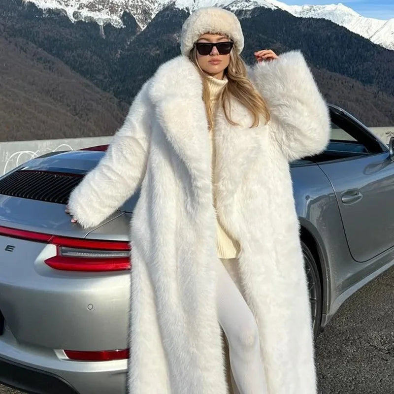 Faux Fox Fur Coats Women Long Fur Jacket Solid Turn Down Collar Long Sleeves Thick Warm Fur Loose Fit Casual 2025 Autumn Winter