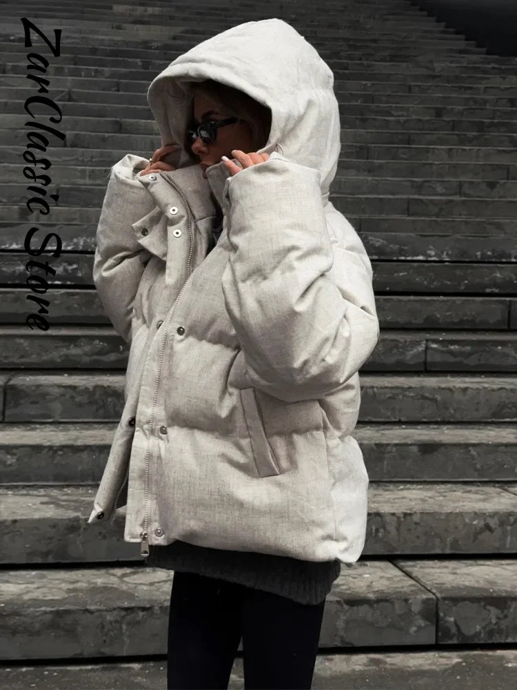 Fashion Women's Winter Jacket Casual Solid Hooded Full Sleeve Zip-up Loose Padded Coats New Street Chic Warm Outwear 2026