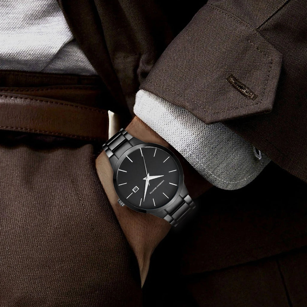 Hannah Martin Men's Stainless Steel Watch Fashion Business Style Black Minimalist Style 3Bar Waterproof Quartz Movement Watches