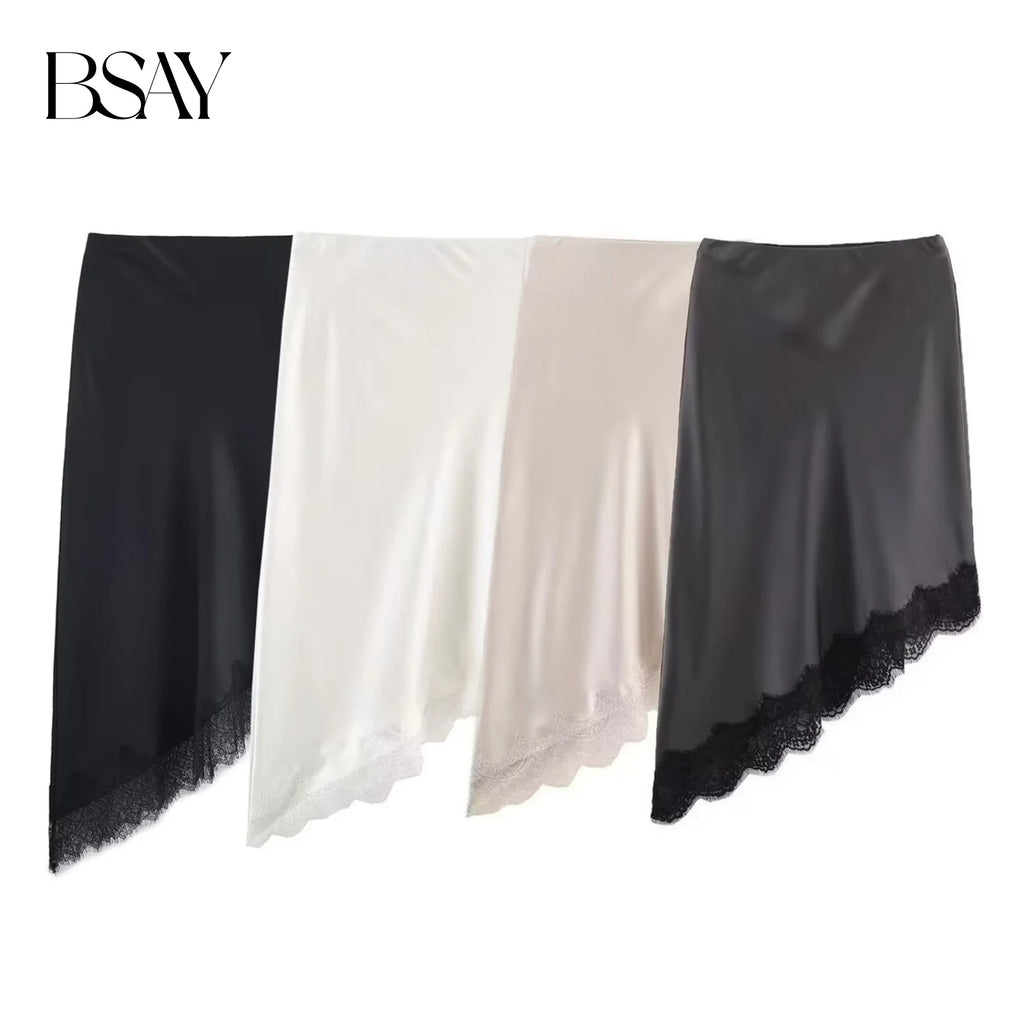 BSAY Lace Asymmetry Satin Texture Skirt Women Fashion Autumn Winter New Solid Chic Female High Waist Elegant Skirts Mujer