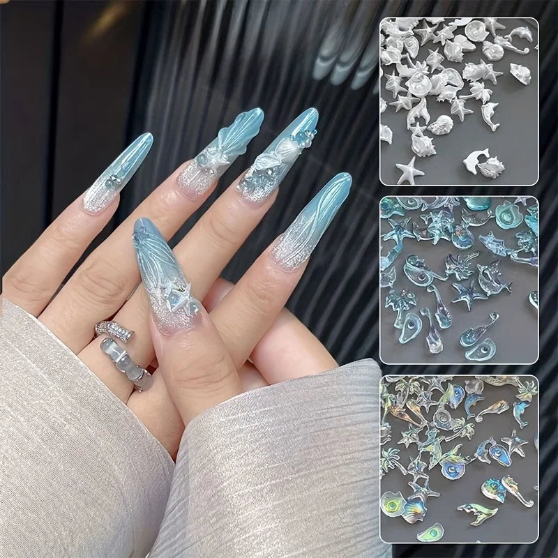 50pcs Mixed Ocean Series Nail Art Decorations White/Blue/Aurora Starfish Scallop Dolphin Nail Charm Marine DIY Manicure Supplies