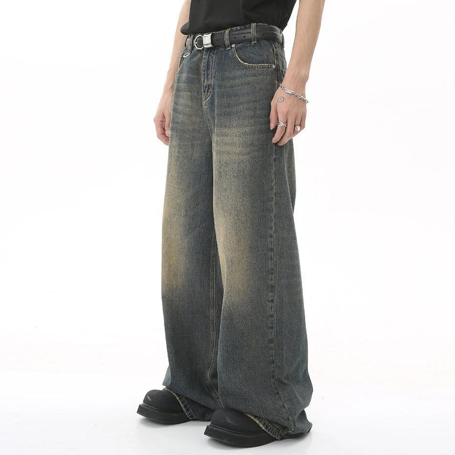 Vintage Blue Loose Denim Pants Men Retro Straight Baggy Jeans Wide Leg Casual Black Jeans Trousers