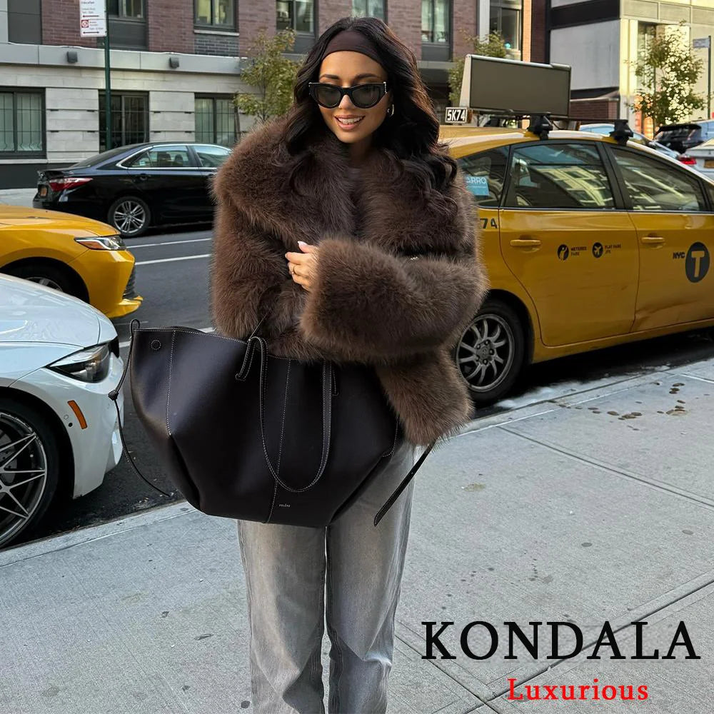 KONDALA Casual Brown Thick Fur Jackets Women Long Sleeve V Neck Autumn Winter Faux Fur Coats Fashion 2025 Streetwear Outwears