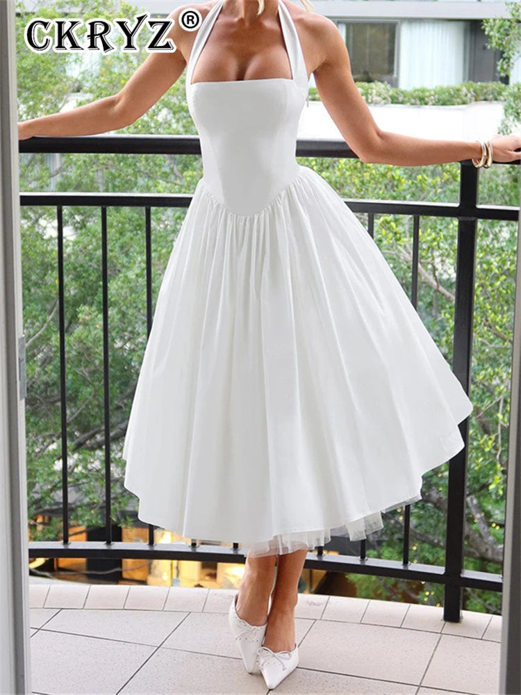 Ladies Summer 2 Layers Elegant Evening Party Dress Women Sleeveless Backless Halter Maxi Dresses Club Streetwear Female Outfits