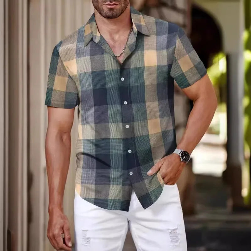 Men'S Shirts Men'S Casual Loose Fitting Short Sleeved Shirt Fashionable Lapel Shirt Top Men'S Color Blocking Short Sleeved Shirt
