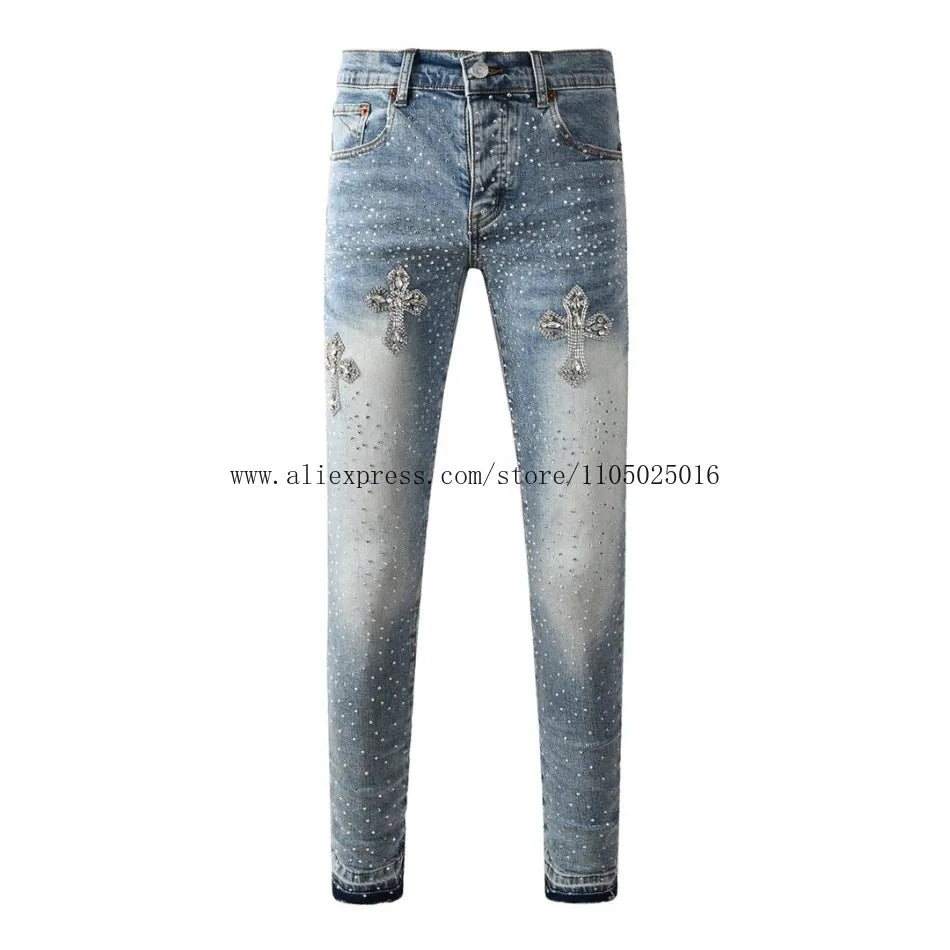 High Street New Trendy Men's Jeans Low Rise Stretch PantsSkinny Button Fly Ripped Retro Hold Trousers