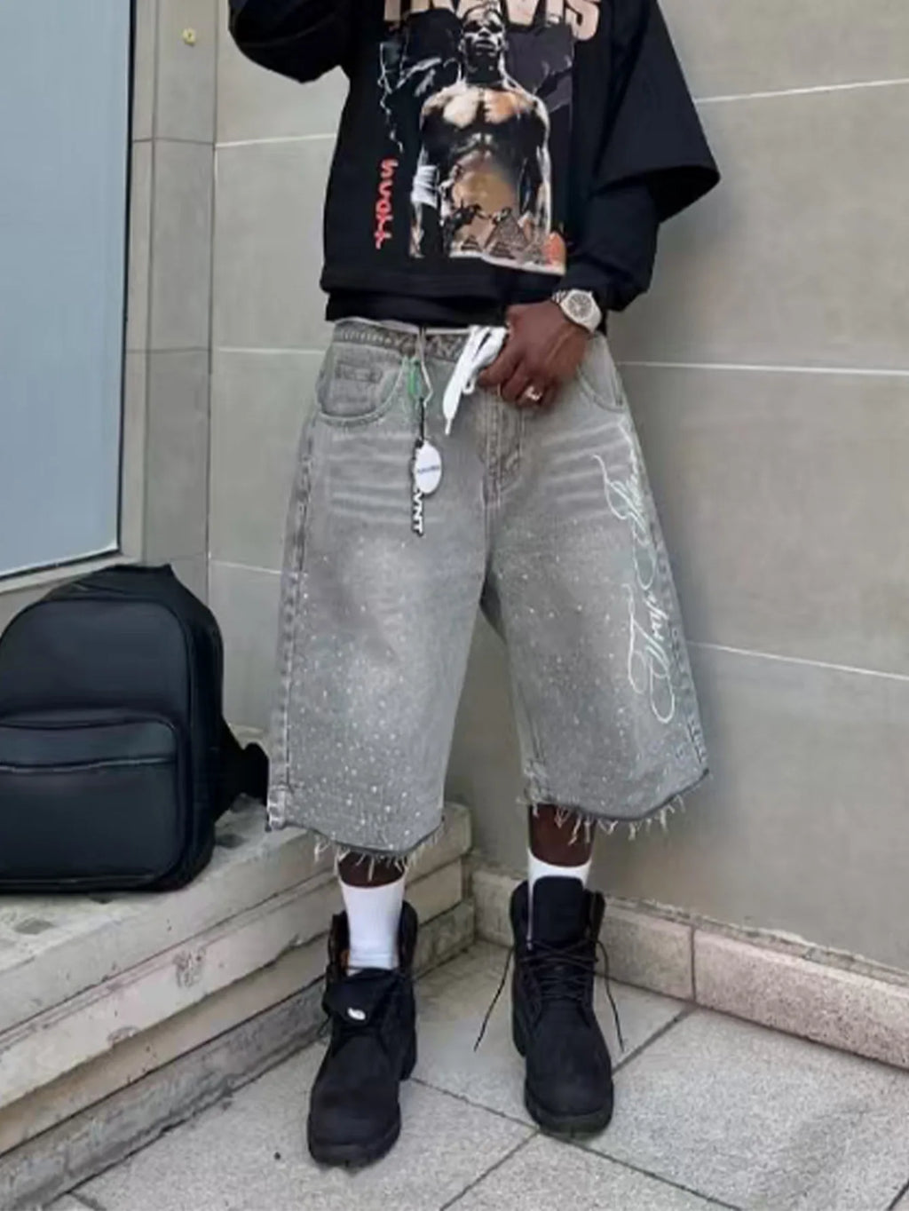 Men Wide Leg Jeans Calf Length Trousers Vintage Mid Waist Washed Diamonds Distressed Pockets Denims Streetwear Summer 2025