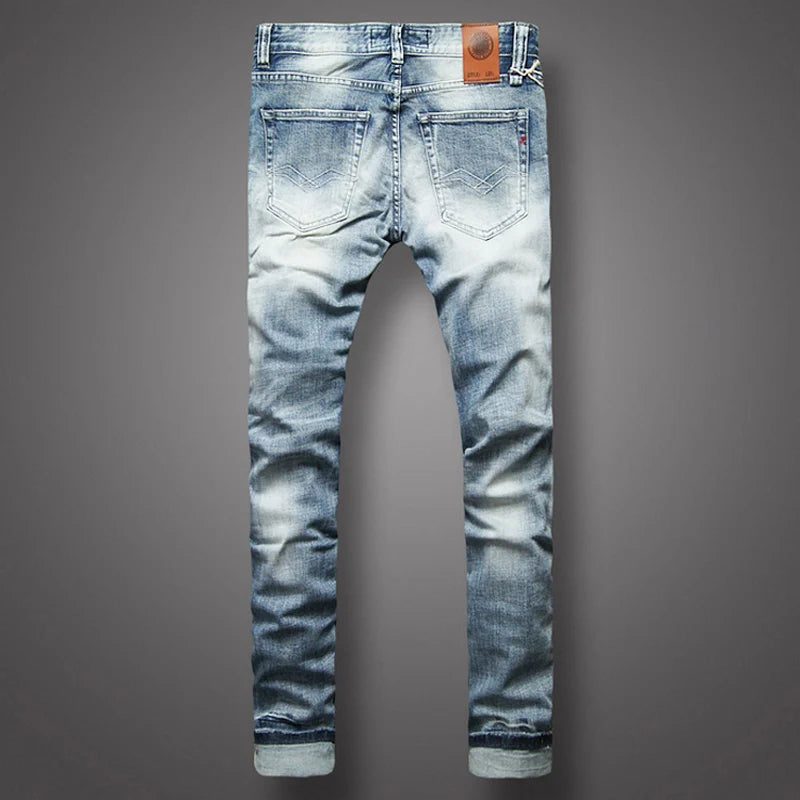 Italian Style Fashion Men Jeans Retro Light Blue Stretch Slim Fit Ripped Jeans Men Y2K Vintage Casual Denim Pants Hombre