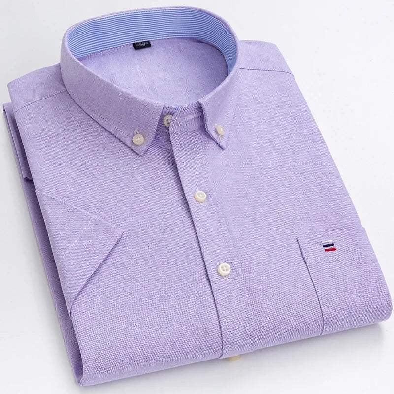 Plus Size 7XL 100% Cotton Oxford Summer Casual Short Sleeve Shirts for Men Soft Slim Fit Formal Plain Shirt White Plaid Clothes