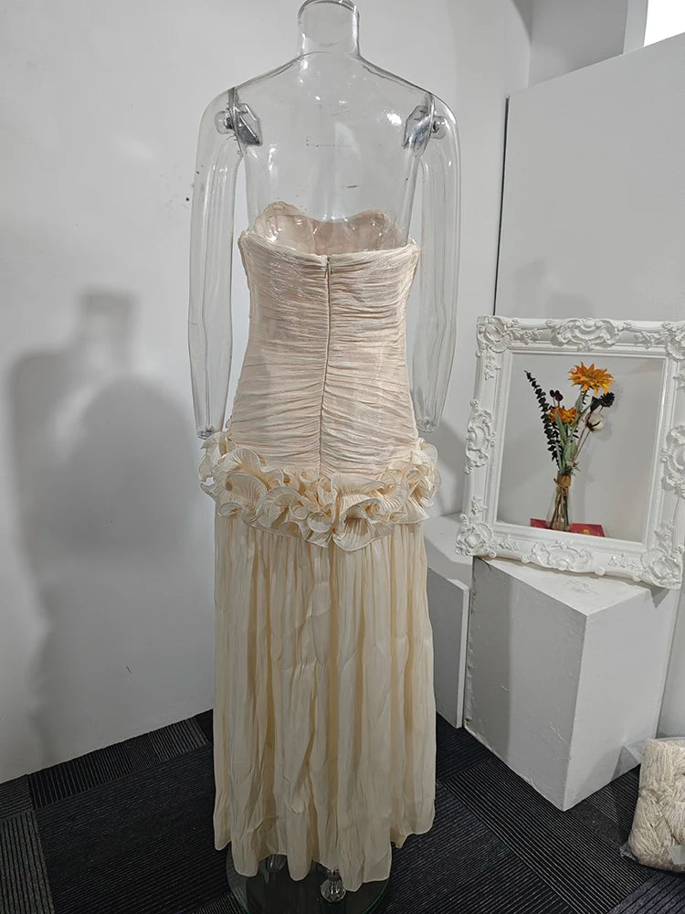 DEAT Elegant Dress Strapless Stringy Selvedge Splice Pleated Long Women's Evening Party Dresses 2026 Summer New Fashion 35Z2459