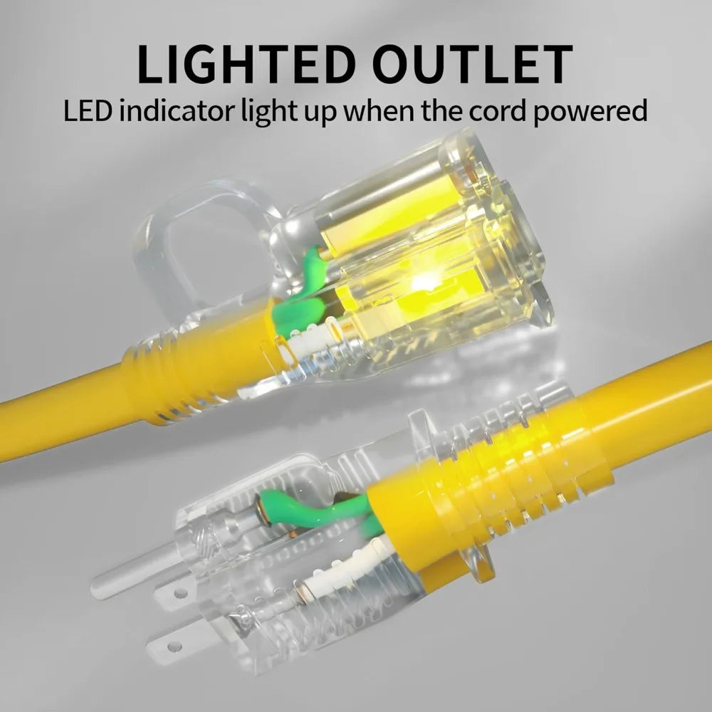Heavy Duty 50ft Outdoor Extension Cord 12/3 SJTW Yellow 12 Gauge Cold Resistant Flexible Power Cord with Lighted End 15A