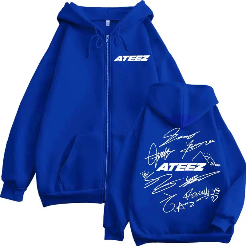 Limited Kpop ATEEZ Logo Double Sided Print Zipper Hoodie Fashion Hip Hop Zip Up Sweatshirts Men Women Casual Oversized Pullovers