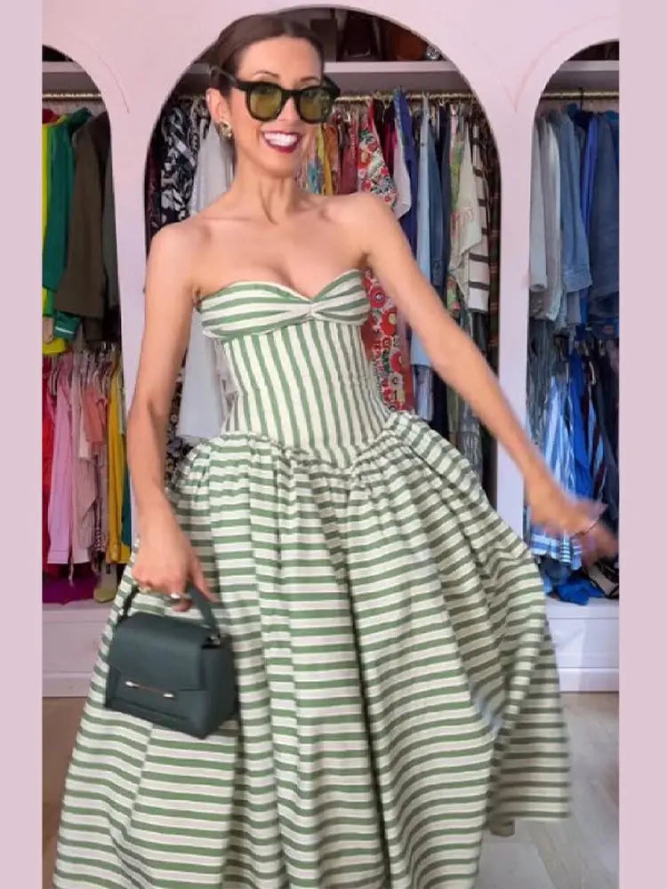 Fashion Striped Strapless Slim Fitting Dress Women Lace Up Waist-cinching Chic Maxi Dresses 2026 New Birthday Party Evening Gown