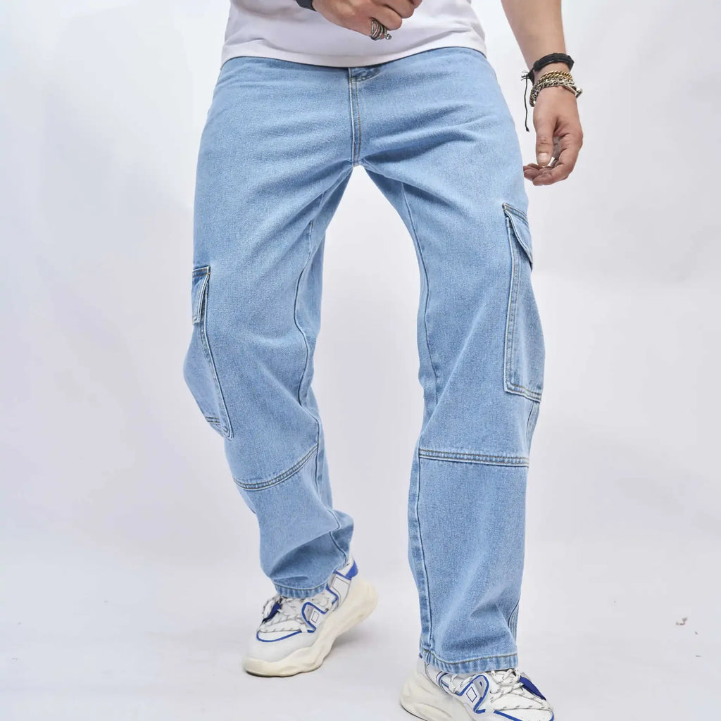 2024 Men's New Style Solid Color Multi-pocket Jeans, American Trendy Loose High Street Wide-leg Fashionable All-match Long Pants