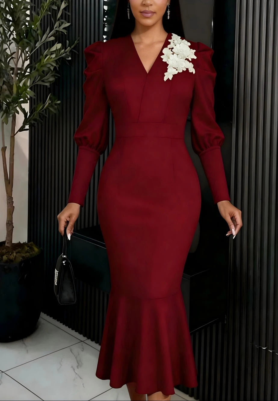 Long evening dresses Women casual elegant party dresses three dimensional floral prom dress gathered sleeves summer dress hxy307