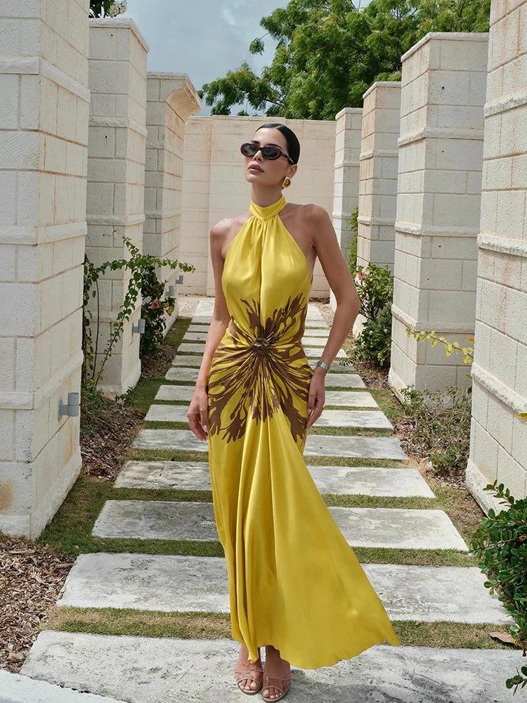 Fashion Halter Neck Sleeveless Abstract Print Maxi Dresses Ruched Waist 2026 Summer New Elegant Resort Vacation Evening Vestidos