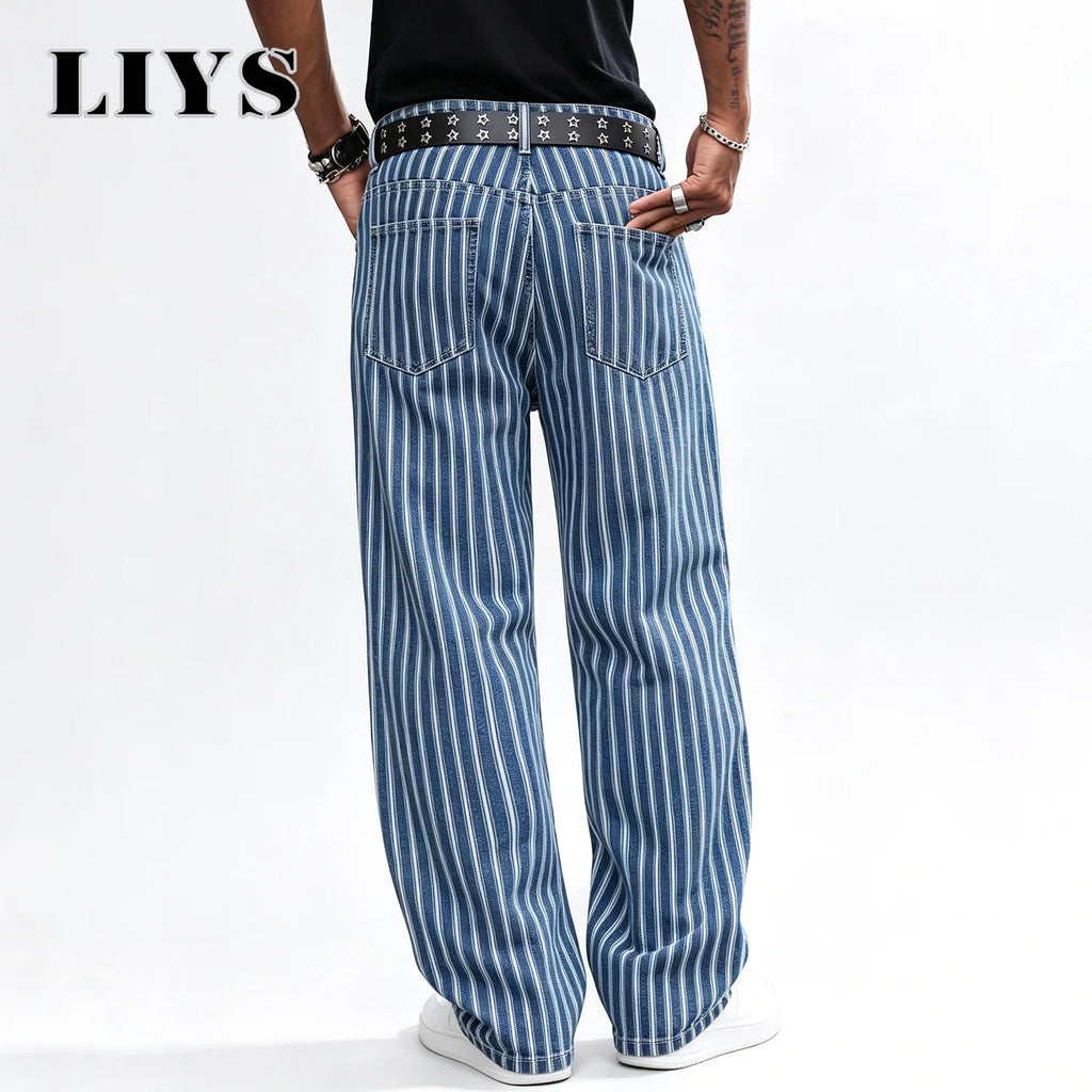 LIYS Men's Blue White Striped Jacquard Straight Leg Jeans Baggy Casual Pants Suitable for Work and Leisure Without Elasticity