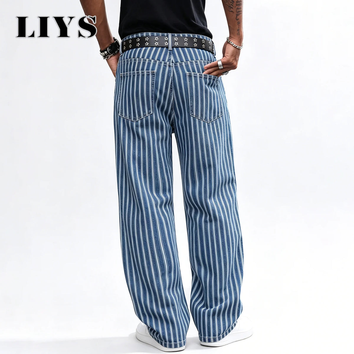 LIYS Men's Blue White Striped Jacquard Straight Leg Jeans Baggy Casual Pants Suitable for Work and Leisure Without Elasticity