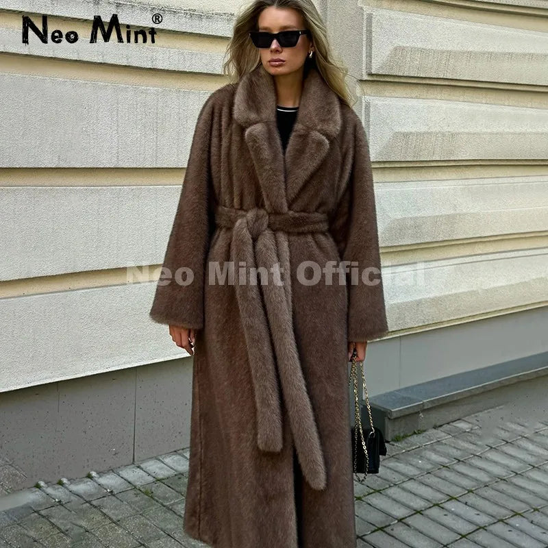Neo Mint Belted Faux Mink Fur Coat Women 2025 Winter Beige Gradient Furry Fur Jacket Luxury Brand Hooded Warm Outerwear Overcoat