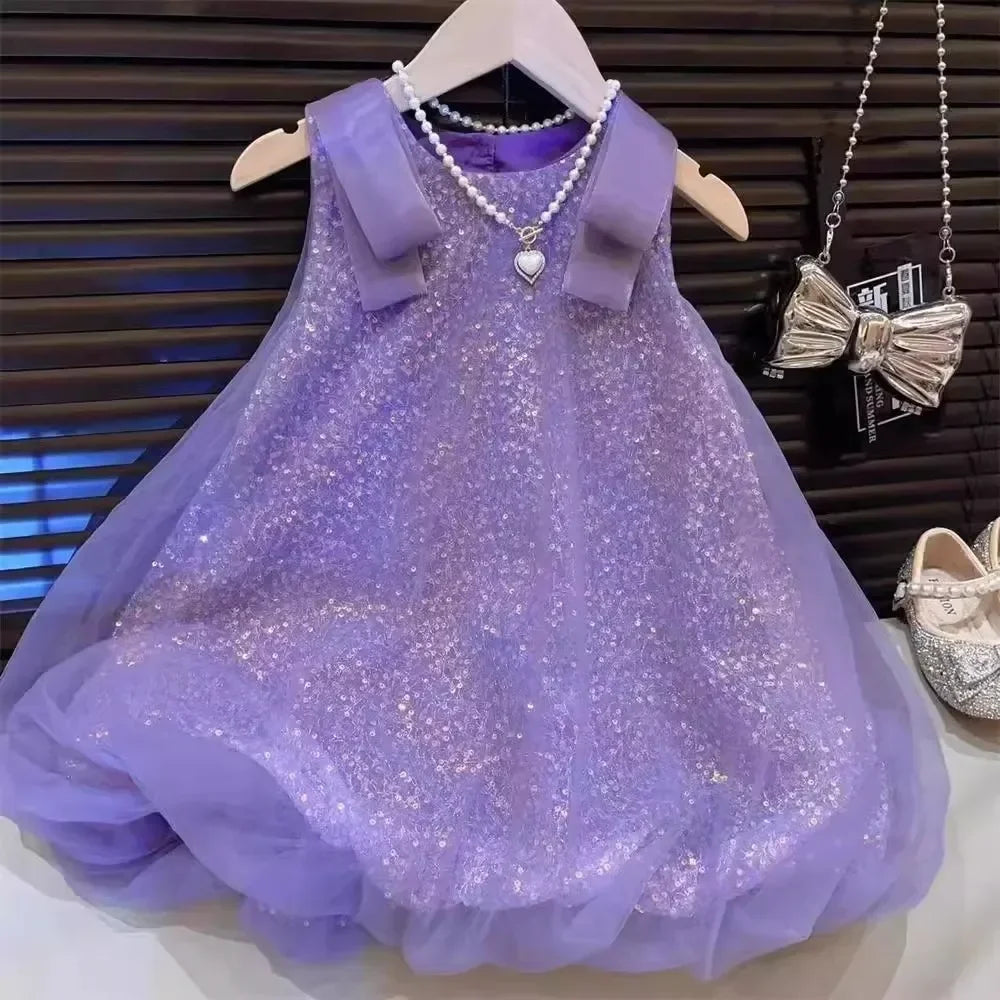 Flower Girl Dress Purple Mesh Sequin Birthday Party Children's Clothing Solid Color Vest Kids Dresses for Girls Casual Wear