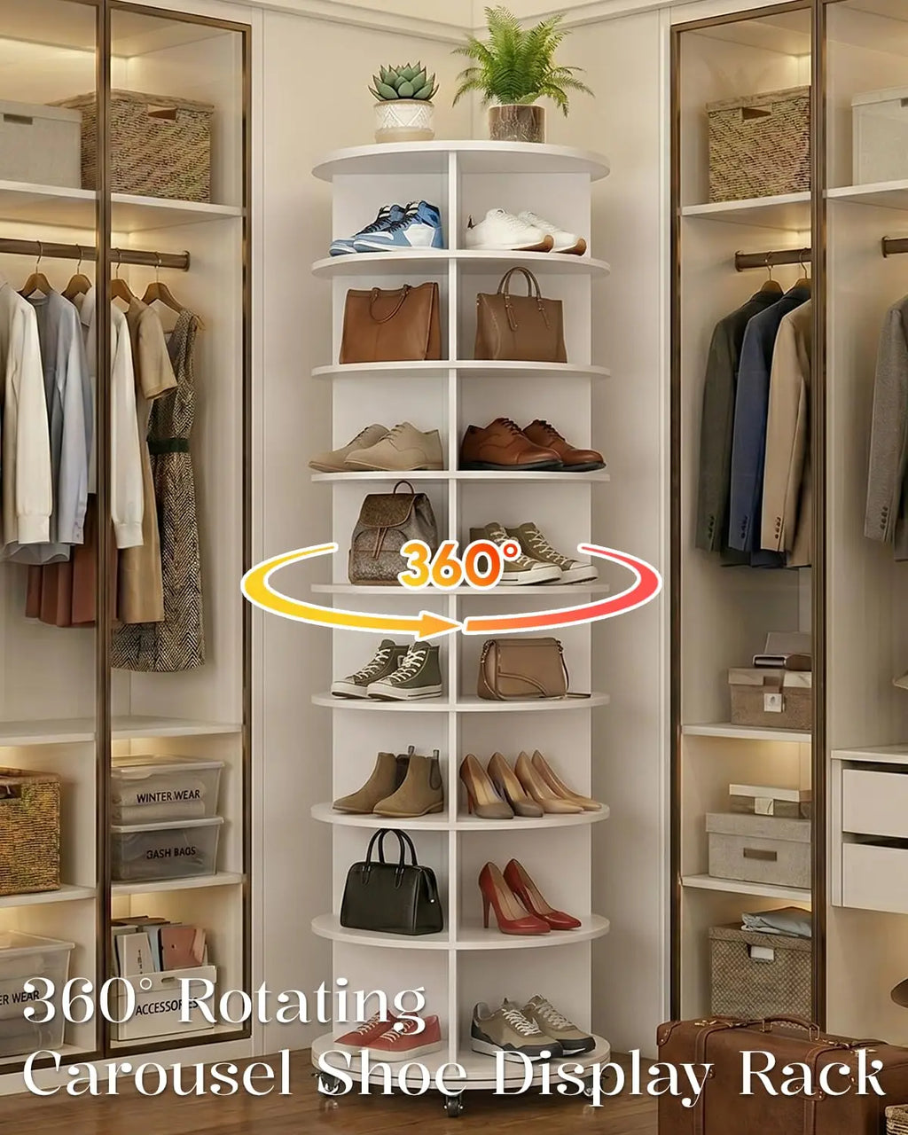 8Tier Rotating Shoe Rack Tower 23.6"x23.6"x74" White, Customized