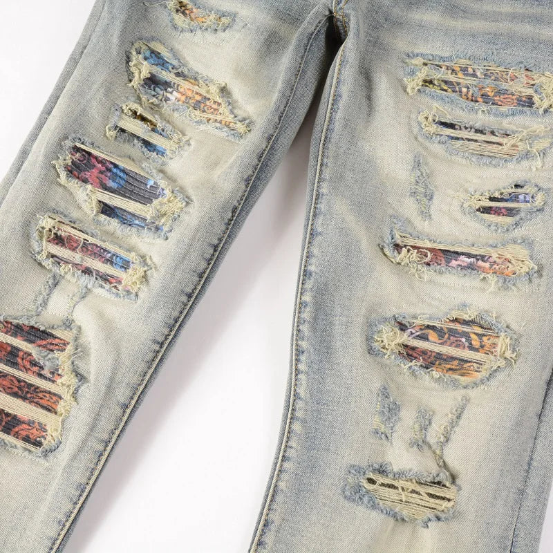 Men's Cracked Patch Biker Jeans Streetwear Patchwork Skinny Tapered Pants Vintage Stretch Denim Ripped Distressed Trousers