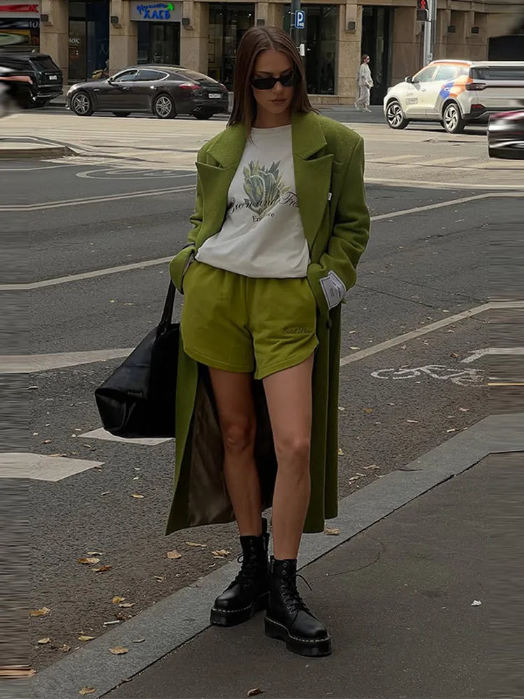 Women Olive Green Oversized Coat Notched Lapel Double Breasted Straight Outerwear Vintage Fall Winter Daily 2026 Office Outfit