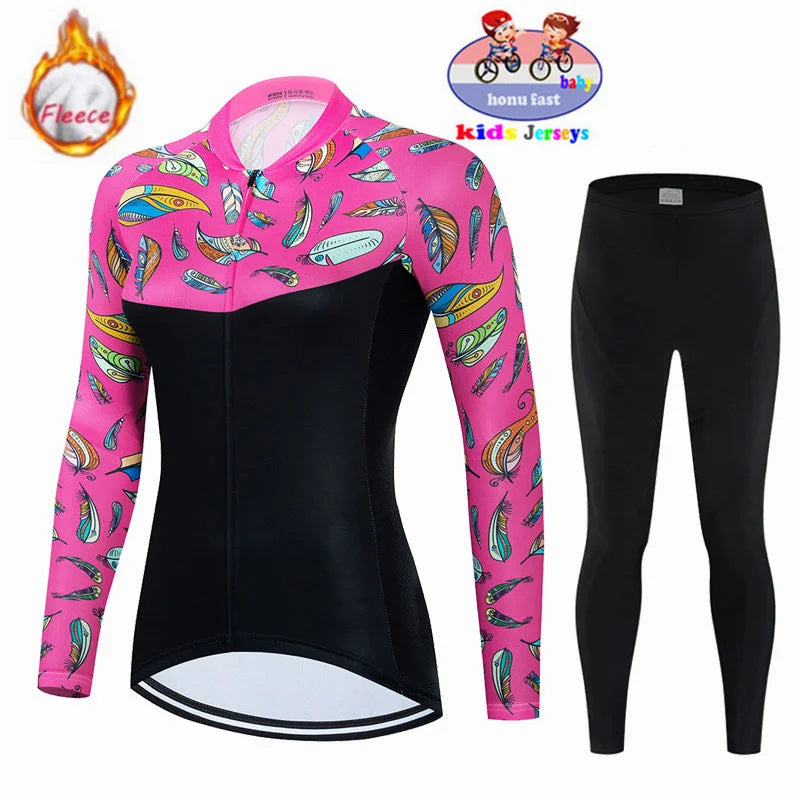 New 2026 Kids Winter Thermal Fleece Cycling Jersey Set MTB Bicycle Girl Cycling Clothes Warm Bike Children Cycling Clothing Suit
