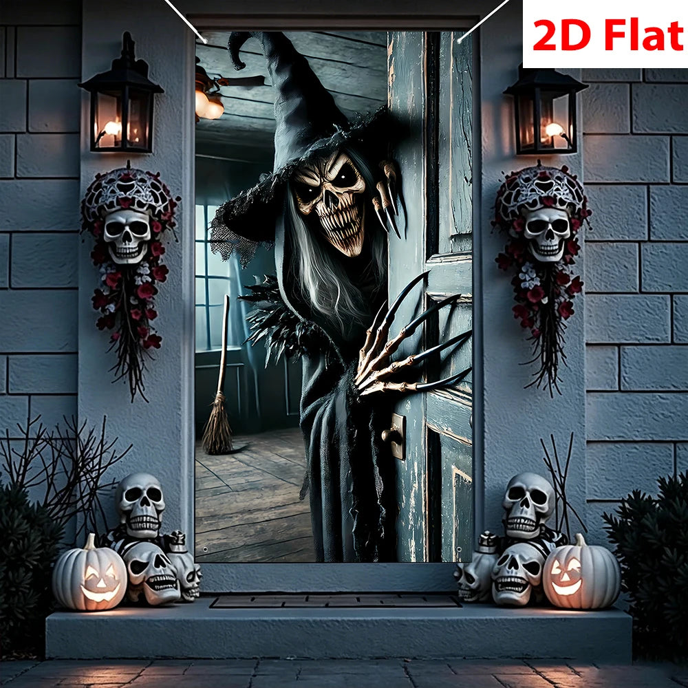 Halloween Scary Skeleton Witch Door Haunted House Front Porch Garage Decor Horror Party Photo Backdrop Spooky Decoration