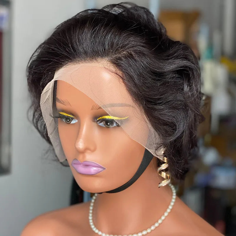200% Density High Quality Curly Pixie Cut 13x4 Lace Frontal Wavy Wigs Virgin Human Hair Soft Natural Look Easy Style Comfort