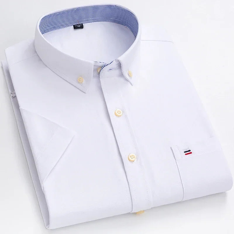 Plus Size 7XL 100% Cotton Oxford Summer Casual Short Sleeve Shirts for Men Soft Slim Fit Formal Plain Shirt White Plaid Clothes