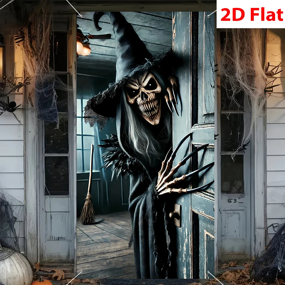 Halloween Scary Skeleton Witch Door Haunted House Front Porch Garage Decor Horror Party Photo Backdrop Spooky Decoration