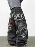American Retro Skull Print Design Men's Loose Denim Jeans Y2K Street Hip-Hop Fashion Versatile Wide-Leg Pants Halloween Vibe