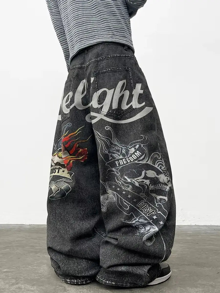 American Retro Skull Print Design Men's Loose Denim Jeans Y2K Street Hip-Hop Fashion Versatile Wide-Leg Pants Halloween Vibe