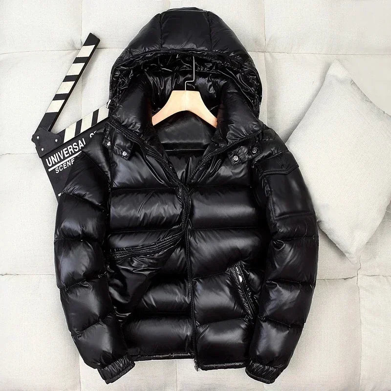 New Fashion Men Shiny Puffer Jackets Man Hooded Casual White Duck Down Coats Quality Male Outdoor Windproof Warm Jackets Size 4X