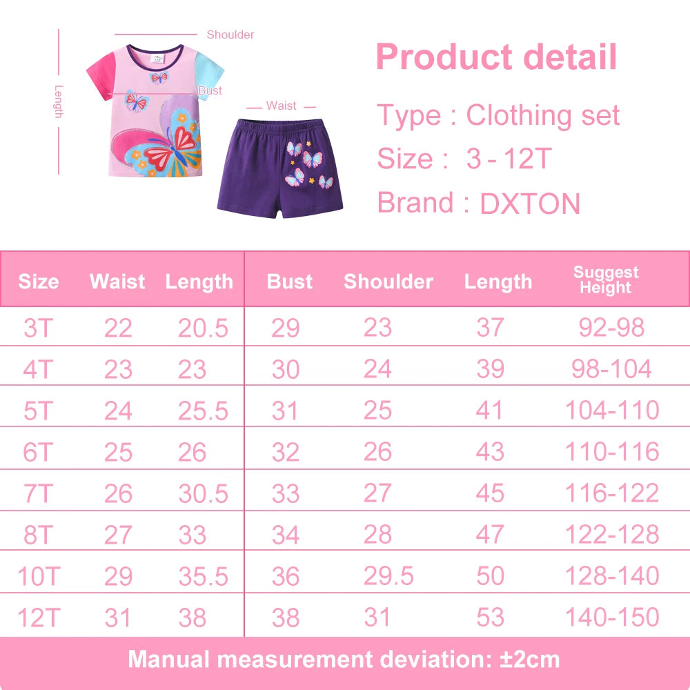 DXTON 2pcs Suit Summer Girls Set Patchwork Blouse Short Sleeve Tops+Shorts Pants  Butterflies Toddler School Wear Clothing Sets