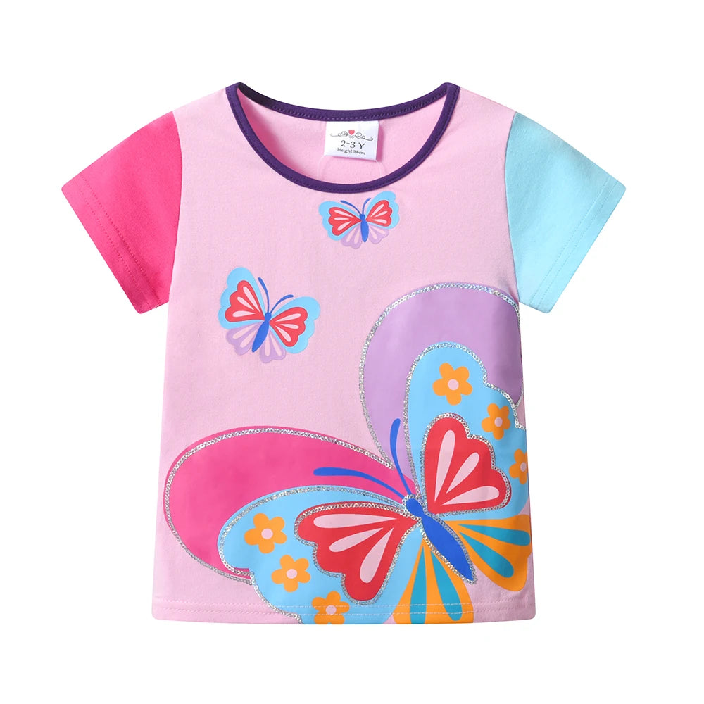 DXTON 2pcs Suit Summer Girls Set Patchwork Blouse Short Sleeve Tops+Shorts Pants  Butterflies Toddler School Wear Clothing Sets