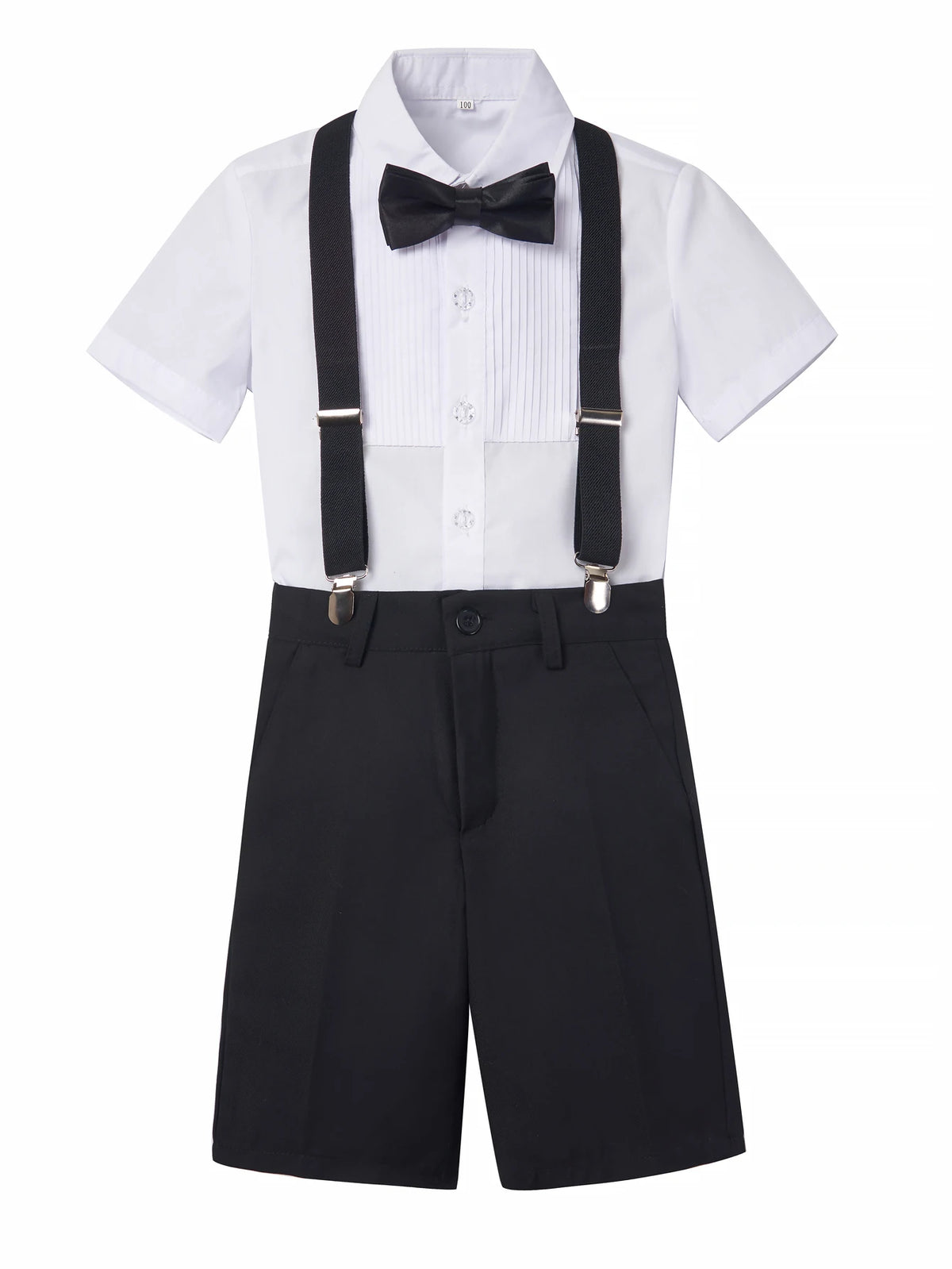 4pcs/set Boys' Short Suit Set With Short Shirt, Short Pants, Tie and Straps School Uniforms