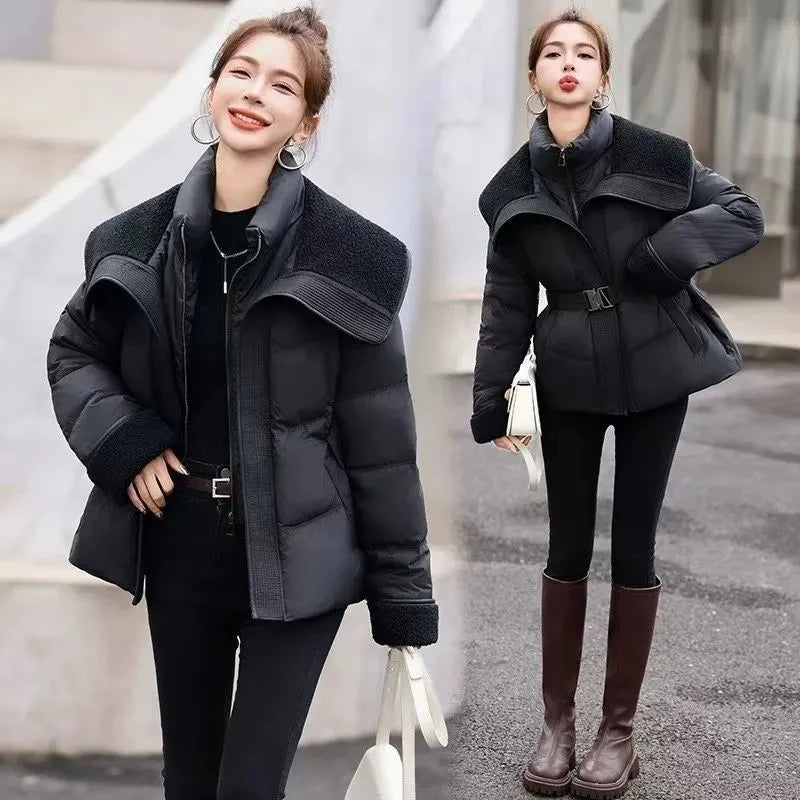 Women's Lamb Collar Patchwork Puffer Coat 2026 Winter New Short Down cotton Outerwear Long Sleeve Warm Waist Casual Zip Jacket
