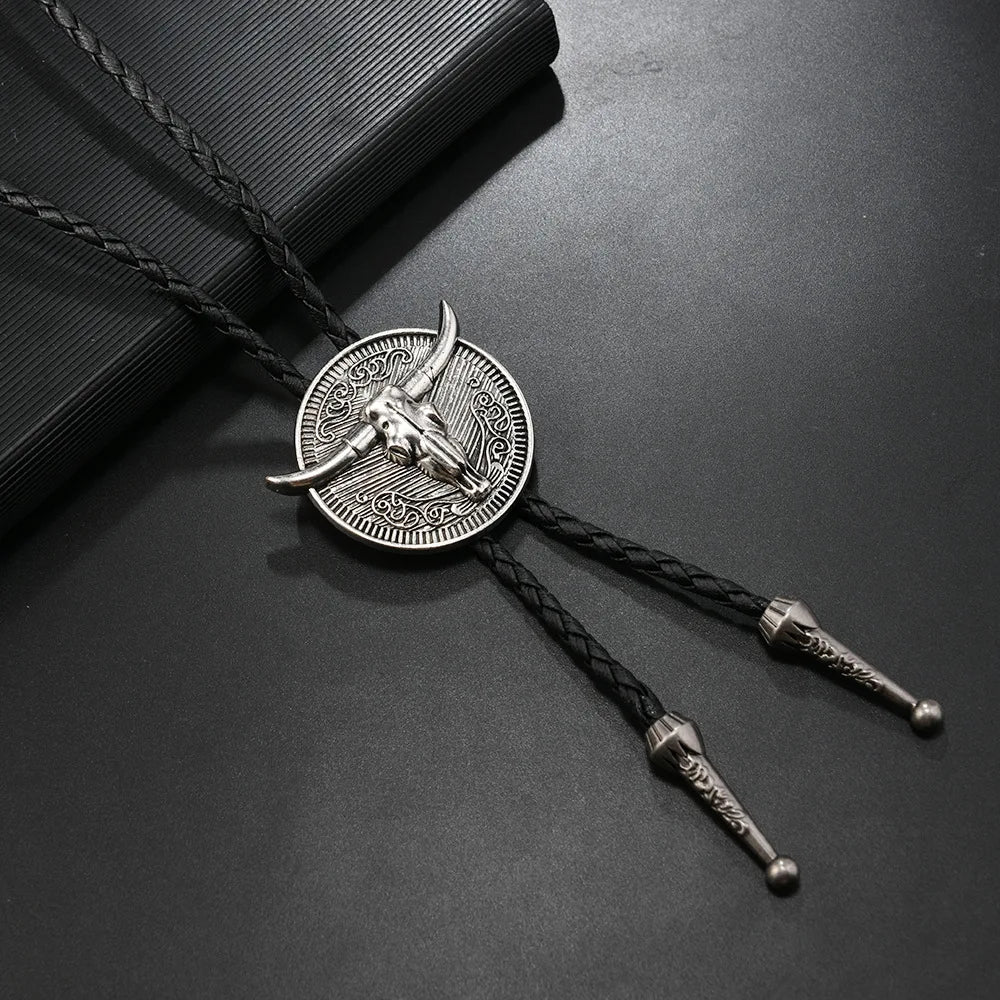 New Western Cowboy Style Bull Head Alloy Leather Bolo Tie Long Necklace for Men High Quality Fashion Jewelry Accessory