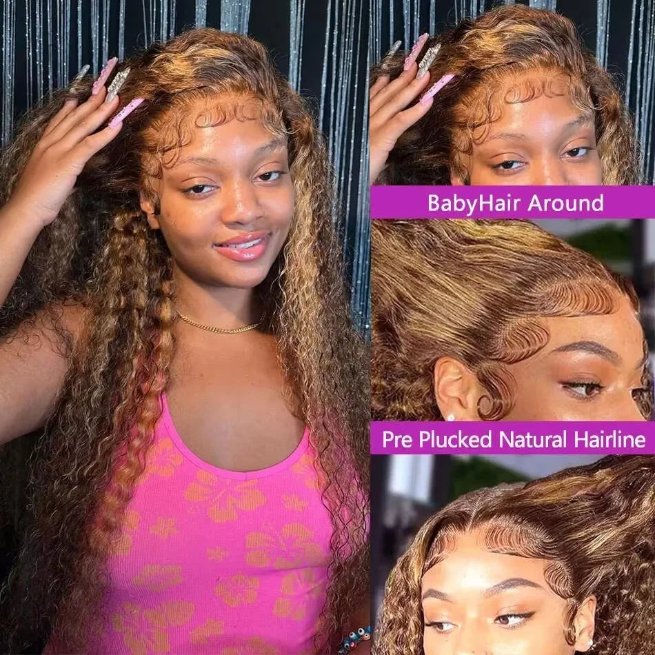 Curly 360 Full Lace Glueless Wig Human Hair Invisible Drawstring 13x6 Hd Lace P4/27 Highlight Deep Wave Frontal Wigs For Women